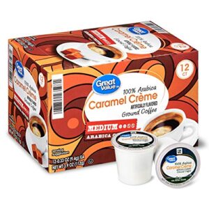 great value 100% arabica caramel crème coffee pods, medium roast, 12 count- 0.37 each (pack of 4)