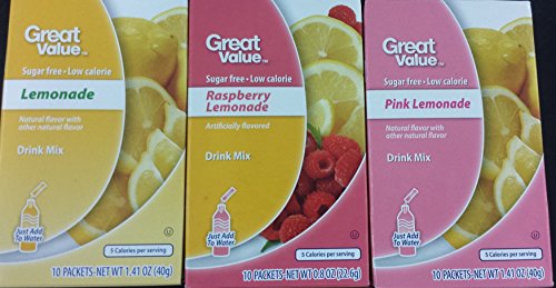 Great Value Drink Mix Variety Bundle, 0.8 oz box with 10 Drink Packets (Pack of 3) includes 1-Box Raspberry Lemonade + 1-Box Pink Lemonade + 1-Box Lemonade