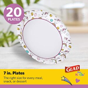 Glad for Kids Paper Plates, Small Round Paper Plates with Cute Designs for Kids Heavy Duty Disposable Soak Proof Microwavable Paper Plates for All Occasions, Unicorns, 7 Inch, 20 Count