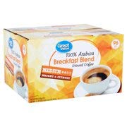 great value 100% arabica breakfast blend coffee pods, medium roast, 96 count- 0.33 oz each