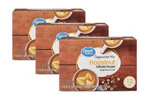 great value cappuccino coffee and hot drink single serve pods, 12 count (hazelnut cappuccino, pack of 3)