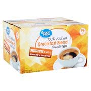 Great Value 100% Arabica Breakfast Blend Coffee Pods, Medium Roast, 96 Count- 0.33 oz each (Pack of 3)