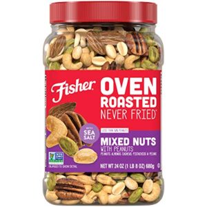 fisher snack oven roasted never fried mixed nuts with peanuts, 24 ounces, peanuts, almonds, cashews, pistachios, pecans, made with sea salt, non-gmo, no oils, artificial ingredients or preservatives