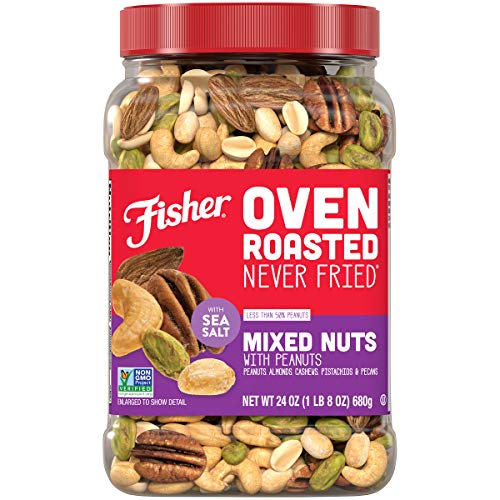 Fisher Snack Oven Roasted Never Fried Mixed Nuts with Peanuts, 24 Ounces, Peanuts, Almonds, Cashews, Pistachios, Pecans, Made With Sea Salt, Non-GMO, No Oils, Artificial Ingredients or Preservatives