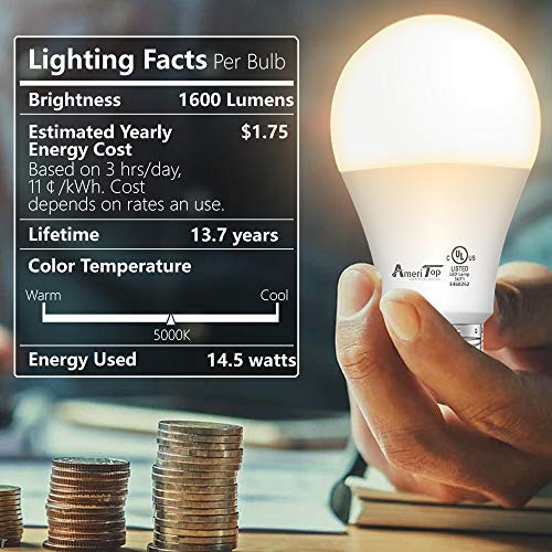 AmeriTop A19 LED Light Bulbs- 6 Pack, Efficient 14W(100W Equivalent) 1600 Lumens General Lighting Bulbs, UL Listed, Non-Dimmable, E26 Standard Base (2700K Soft White)