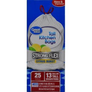 great value strong flex tall kitchen bags, citrus burst, 13 gallon, 25 count