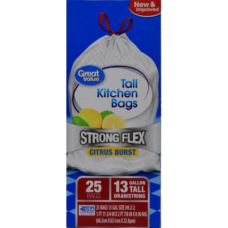 Great Value Strong Flex Tall Kitchen Bags, Citrus Burst, 13 Gallon, 25 Count