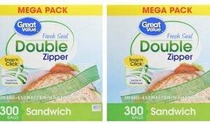 Great Value Double Zipper Sandwich Bags, 300 Count (Pack of 2)