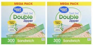 Great Value Double Zipper Sandwich Bags, 300 Count (Pack of 2)