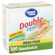 Great Value Double Zipper Sandwich Bags, 300 Count (Pack of 2)