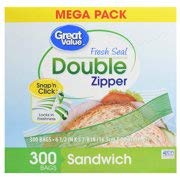 Great Value Double Zipper Sandwich Bags, 300 Count (Pack of 2)