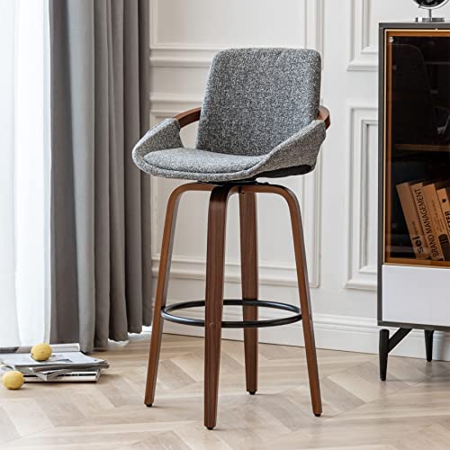 LUNLING 29.5" Bar Height Barstool Mid Century Modern Retro Bar Chairs Charcoal Grey Linen Look Fabric Upholstered and Walnut Wood Frame for Home Bar Furniture(Gray)