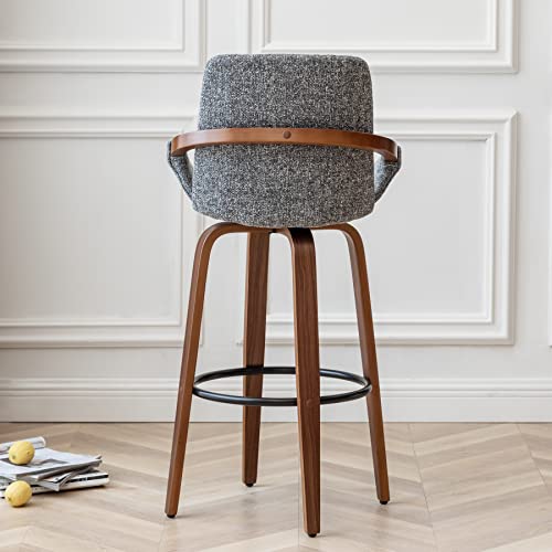 LUNLING 29.5" Bar Height Barstool Mid Century Modern Retro Bar Chairs Charcoal Grey Linen Look Fabric Upholstered and Walnut Wood Frame for Home Bar Furniture(Gray)