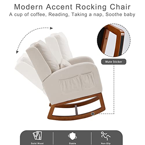 Iroomy Modern Accent Rocking Chair, Upholstered Rocking Chair Glider Rocker High Back Arm Chair W/2 Side Pockets, Rocking Chair Indoor for Living Room/Bedroom/Nursery-Beige