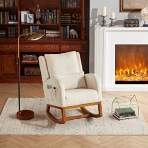 Iroomy Modern Accent Rocking Chair, Upholstered Rocking Chair Glider Rocker High Back Arm Chair W/2 Side Pockets, Rocking Chair Indoor for Living Room/Bedroom/Nursery-Beige