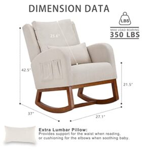 Iroomy Modern Accent Rocking Chair, Upholstered Rocking Chair Glider Rocker High Back Arm Chair W/2 Side Pockets, Rocking Chair Indoor for Living Room/Bedroom/Nursery-Beige