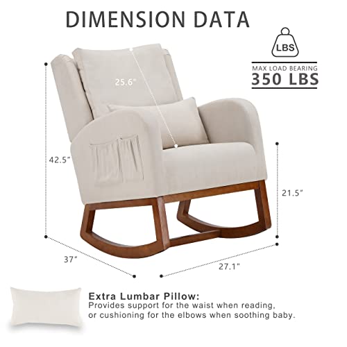 Iroomy Modern Accent Rocking Chair, Upholstered Rocking Chair Glider Rocker High Back Arm Chair W/2 Side Pockets, Rocking Chair Indoor for Living Room/Bedroom/Nursery-Beige