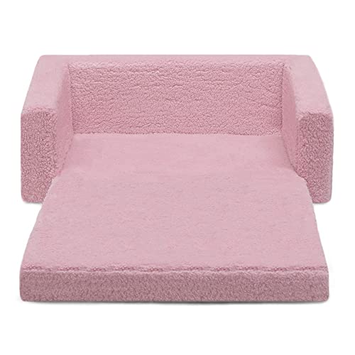 Delta Children Cozee Flip-Out Sherpa 2-in-1 Convertible Sofa to Lounger for Kids – Customize with Name, Pink