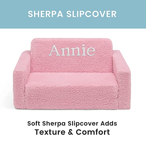 Delta Children Cozee Flip-Out Sherpa 2-in-1 Convertible Sofa to Lounger for Kids – Customize with Name, Pink