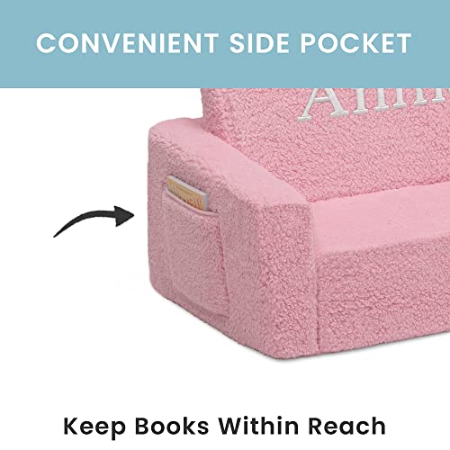 Delta Children Cozee Flip-Out Sherpa 2-in-1 Convertible Sofa to Lounger for Kids – Customize with Name, Pink