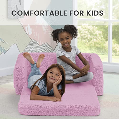 Delta Children Cozee Flip-Out Sherpa 2-in-1 Convertible Sofa to Lounger for Kids – Customize with Name, Pink