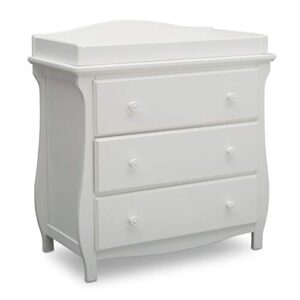 delta children lancaster 3 drawer dresser with changing top, greenguard gold certified, bianca white