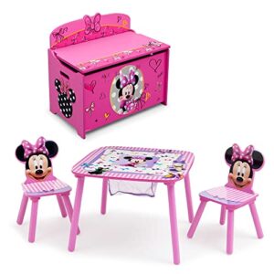 minnie mouse 4-piece playroom set by delta children – includes table with 2 chairs and deluxe toy box, pink