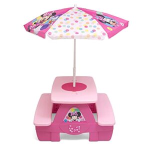 Delta Children 4 Seat Activity Picnic Table with Umbrella and Lego Compatible Tabletop, Minnie Mouse, 32.5 in x 34.25 in x 53.5 in