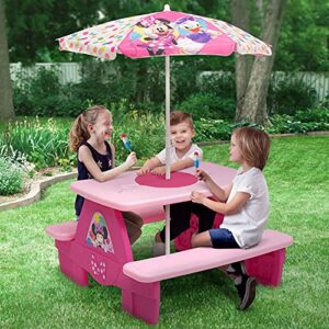 Delta Children 4 Seat Activity Picnic Table with Umbrella and Lego Compatible Tabletop, Minnie Mouse, 32.5 in x 34.25 in x 53.5 in