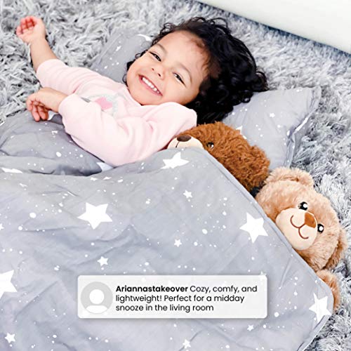 Delta Children Nap Mat with Included Pillow and Blanket for Toddlers and Kids; Features Carry Handle with Strap Closure and Name Tag; Rollup Design is Ideal for Preschool and Daycare, Blushing Stars