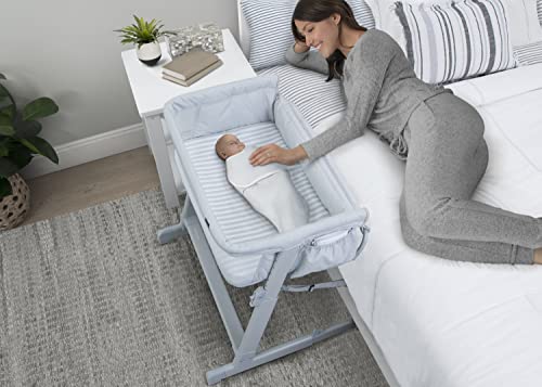 Delta Children babyGap Whisper Bedside Bassinet Sleeper with Breathable Mesh and Adjustable Heights - Lightweight Portable Crib - Made with Sustainable Materials, Grey Stripes