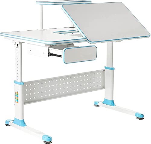 ApexDesk Little Soleil DX 43" Children's Height Adjustable Study Desk w/Integrated Shelf & Drawer (Desk+Chair Bundle – Blue)