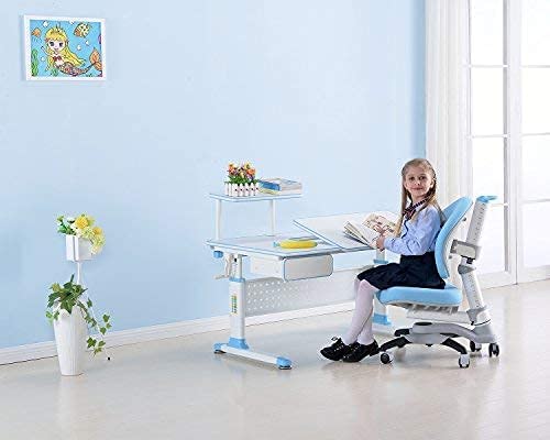 ApexDesk Little Soleil DX 43" Children's Height Adjustable Study Desk w/Integrated Shelf & Drawer (Desk+Chair Bundle – Blue)