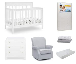 delta children remy crib 7-piece baby nursery furniture set–includes: convertible crib, glider, dresser, changing top, crib mattress, sheets, & changing pad, bianca white