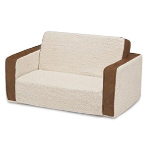 Delta Children Cozee Flip-Out Sherpa 2-in-1 Convertible Sofa to Lounger for Kids, Cream Sherpa/Faux Leather