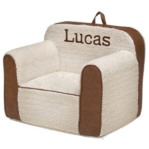 Delta Children Personalized Cozee Sherpa and Faux Leather Chair for Kids, Cream