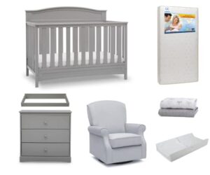delta children emery crib 7-piece baby nursery furniture set–includes: convertible crib, glider, dresser, changing top, crib mattress, sheets, & changing pad, grey