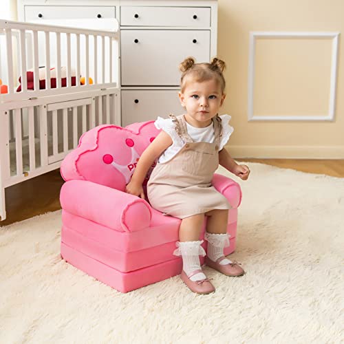 MOONBEEKI Kids Couch Fold Out, Foldable Princess Chair for Toddlers 1-3, Sofa Bed for Kids Folding Toddler Bed Lounger Chair for Bedroom, Toddler Couch Bed for Girl (Pink)