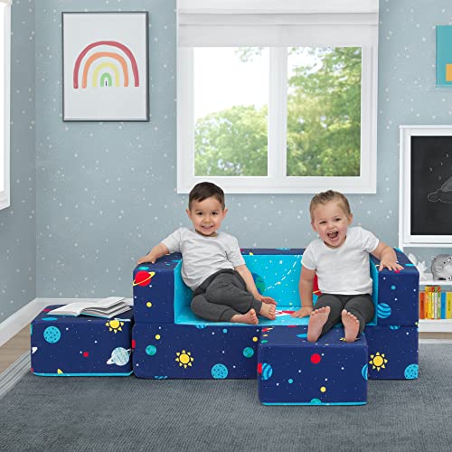 Delta Children Convertible Sofa & Play Set for Kids and Toddlers – Modular Foam Couch and Flip Out Lounger with 2 Ottomans, Space