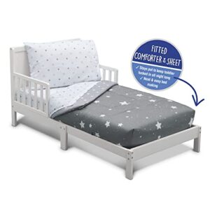 Delta Children 4 Piece Toddler Bedding Set for Boys - Reversible 2-in-1 Comforter - Includes Fitted Comforter to Keep Little Ones Snug, Bottom Sheet, Top Sheet, Pillow Case - Dusty Skies, Grey Stars