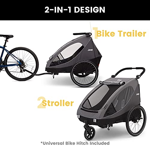 Jeep Everest 2-in-1 Child Bike Trailer and Stroller for 2 Kids by Delta Children | 2-Seater Lightweight Multisport Trailer with Converts to Jogging Stroller | Compact Fold for Travel and Storage, Grey