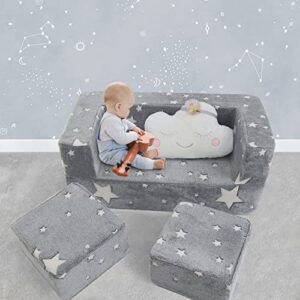 MeMoreCool Kids Couch Toddler Sofa, Star GlowSofa 3 in 1 Fold Out Kids Sofa, Modular Toddler Couch for Boys, Children Convertible Plush Sofa Play Set and Sofa Bed