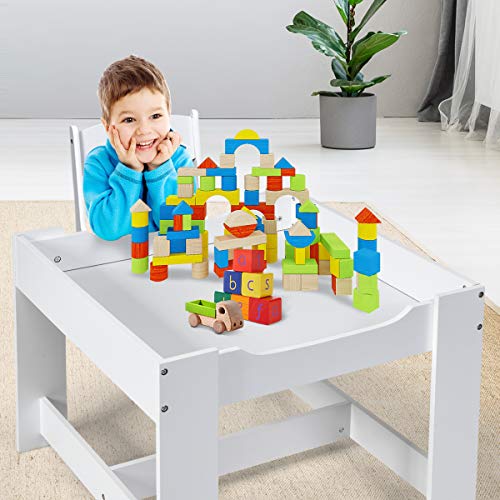 Costzon Kids Table and Chair Set, 3 in 1 Wooden Activity Table with Storage Drawer, Detachable Tabletop for Children Drawing Reading Art Craft, Playroom, Nursery, Toddler Table and Chair Set, Gray