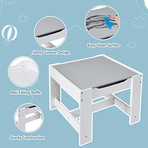 Costzon Kids Table and Chair Set, 3 in 1 Wooden Activity Table with Storage Drawer, Detachable Tabletop for Children Drawing Reading Art Craft, Playroom, Nursery, Toddler Table and Chair Set, Gray