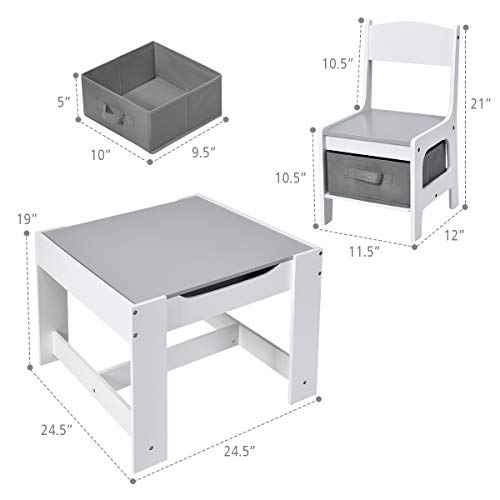 Costzon Kids Table and Chair Set, 3 in 1 Wooden Activity Table with Storage Drawer, Detachable Tabletop for Children Drawing Reading Art Craft, Playroom, Nursery, Toddler Table and Chair Set, Gray