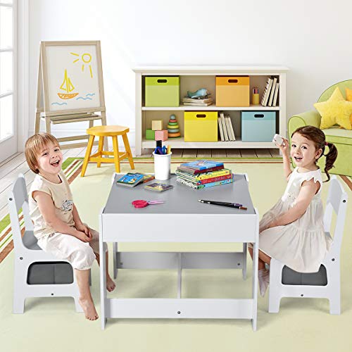 Costzon Kids Table and Chair Set, 3 in 1 Wooden Activity Table with Storage Drawer, Detachable Tabletop for Children Drawing Reading Art Craft, Playroom, Nursery, Toddler Table and Chair Set, Gray