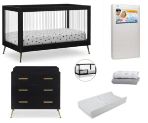 delta children sloane crib 7-piece baby nursery furniture set–includes: convertible crib, dresser, changing top, crib mattress, fitted sheets, toddler guardrail & changing pad, black w/melted bronze