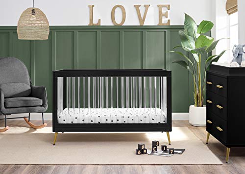 Delta Children Sloane Crib 7-Piece Baby Nursery Furniture Set–Includes: Convertible Crib, Dresser, Changing Top, Crib Mattress, Fitted Sheets, Toddler Guardrail & Changing Pad, Black w/Melted Bronze