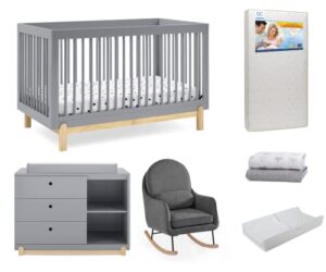 delta children poppy crib 7-piece baby nursery furniture set–includes: convertible crib, glider, dresser, changing top, crib mattress, sheets, & changing pad, grey w/natural