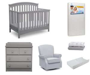 delta children emerson crib 7-piece baby nursery furniture set–includes: convertible crib, glider, dresser, changing top, crib mattress, sheets, & changing pad, grey